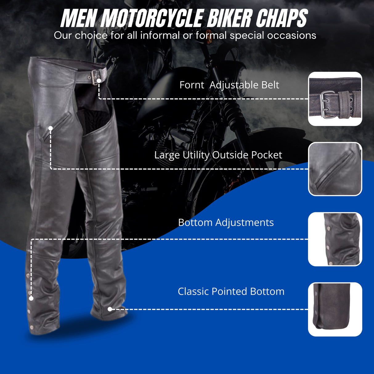 Distressed brown buffalo leather motorcycle chaps