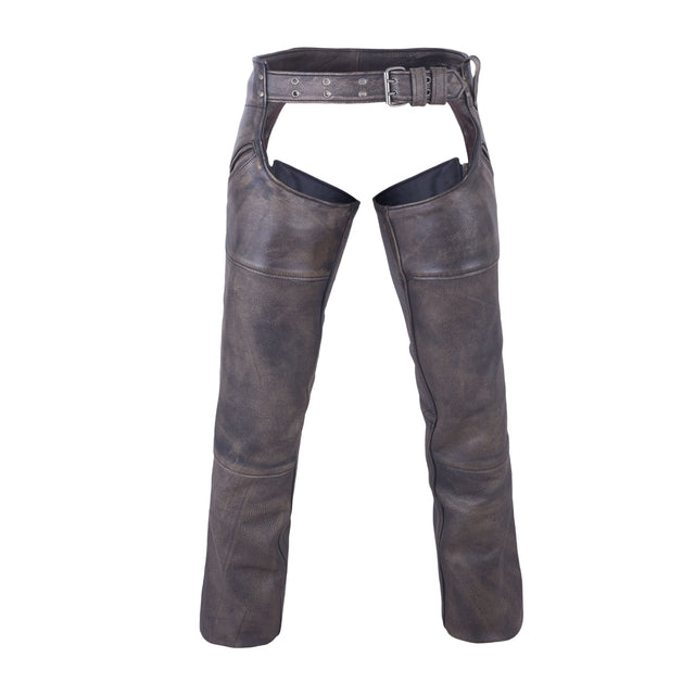 Distressed brown buffalo leather motorcycle chaps