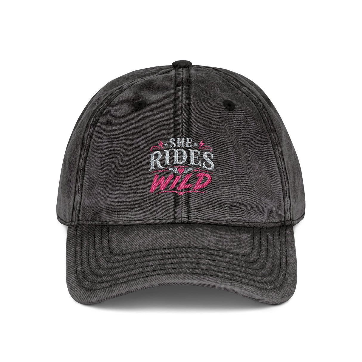 Vintage Embroidered Cap — "She Rides Wild" Retro Baseball Hat - Hats - Side & Angle View