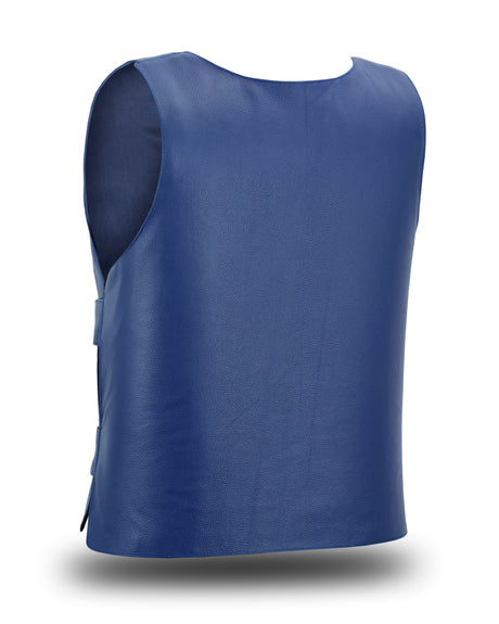 Women’s Navy Blue Bulletproof Style Buffalo Milled Leather Motorcycle Vest - Women Leather Vests - Side & Angle View