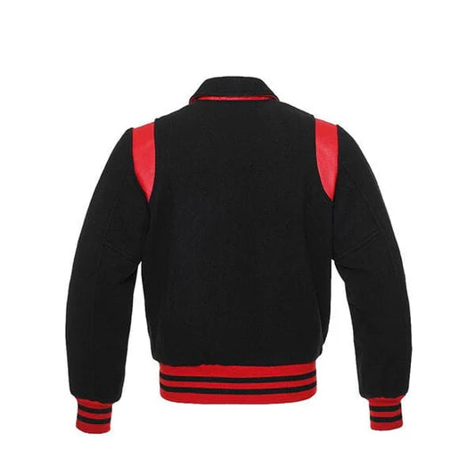 Black Wool Varsity Jacket With Red Shoulder Inserts