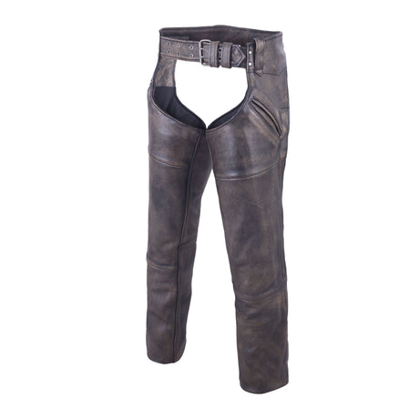 Distressed brown buffalo leather motorcycle chaps