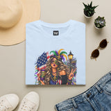 Light blue T-shirt with Mardi Gras queen and American flag graphic on front