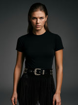 Women Black Tassel Studded Leather Hip Belt