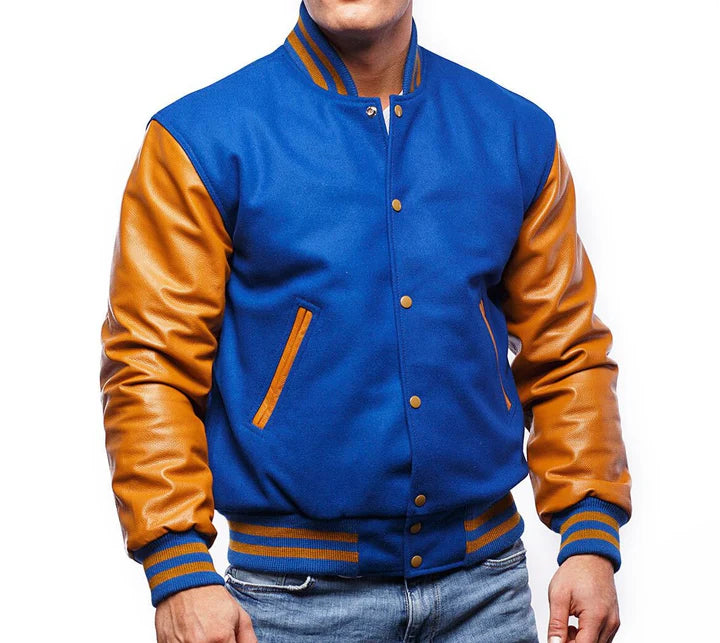 Blue & Gold Leather Sleeves Varsity Jacket