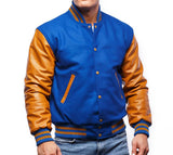 Blue & Gold Leather Sleeves Varsity Jacket
