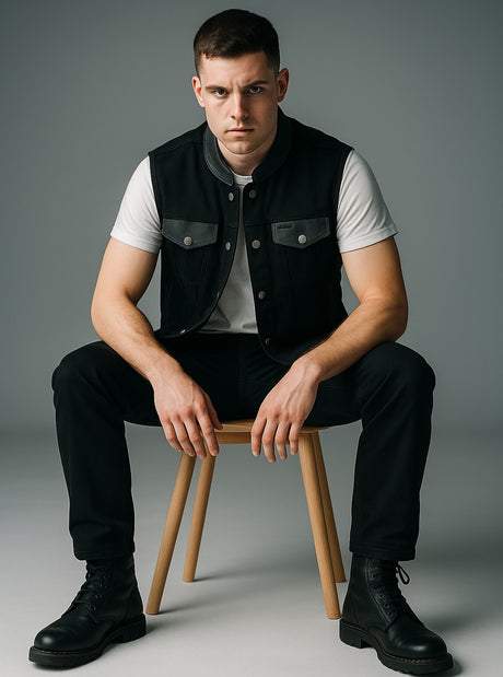 Black denim biker-style vest worn over a white shirt with snap chest pockets