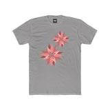 Heather grey crew-neck tee with two pink/red floral burst graphics on the front.