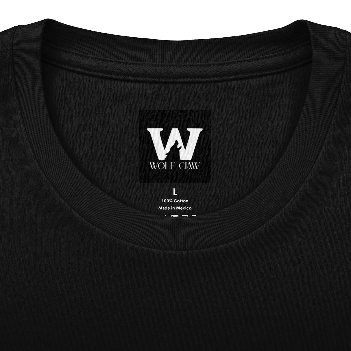 Black crew neck tee with Wolf Claw logo patch at chest