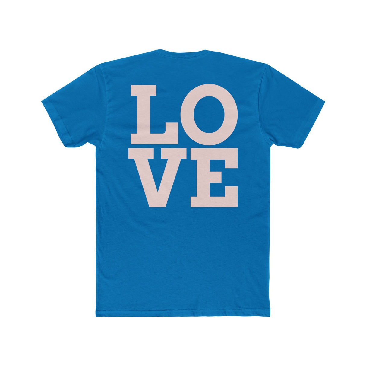 Blue crew tee with large LOVE graphic on the chest in pink and beige.