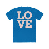 Blue crew tee with large LOVE graphic on the chest in pink and beige.