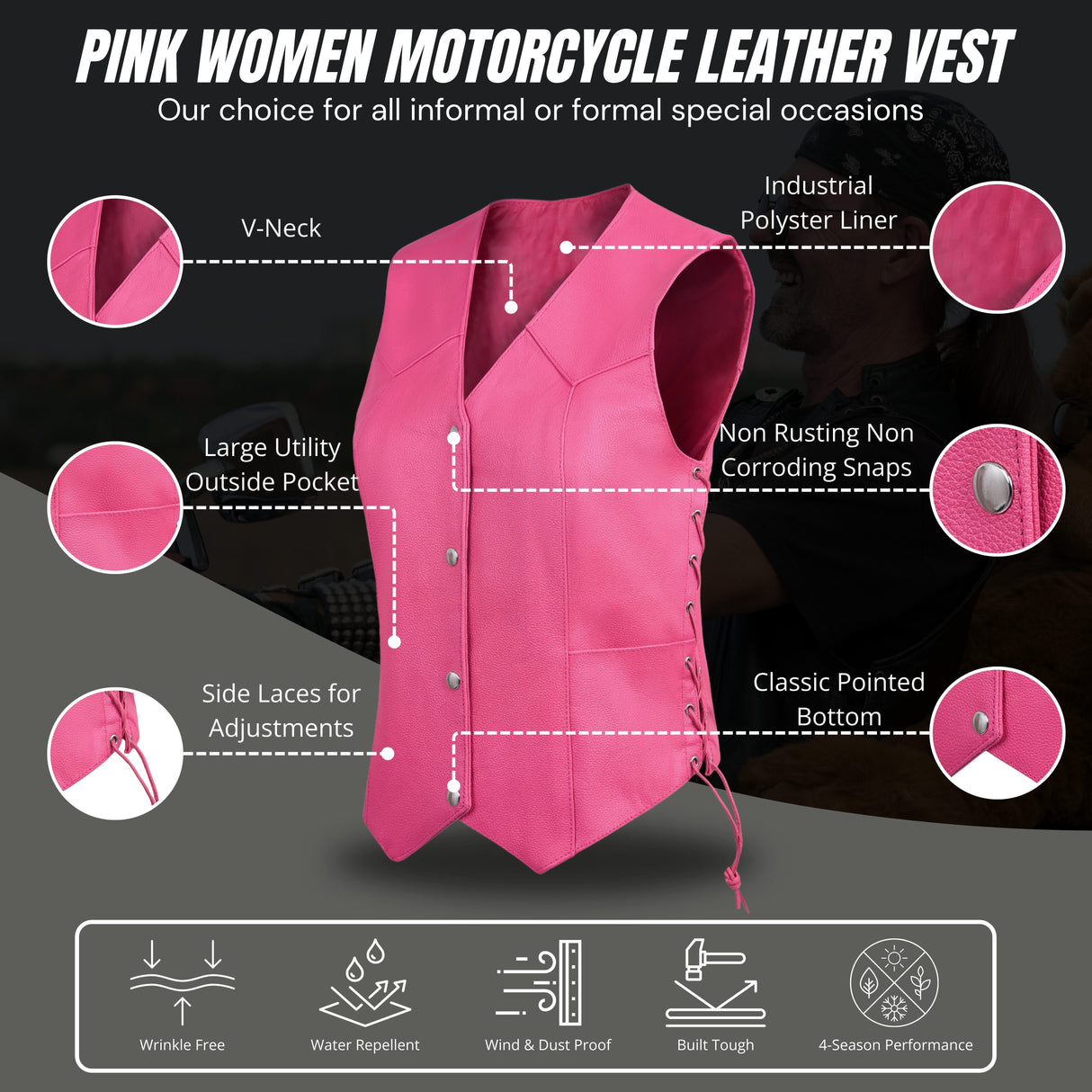 Women's Hot Pink color side laced Gun pockets Leather Vest