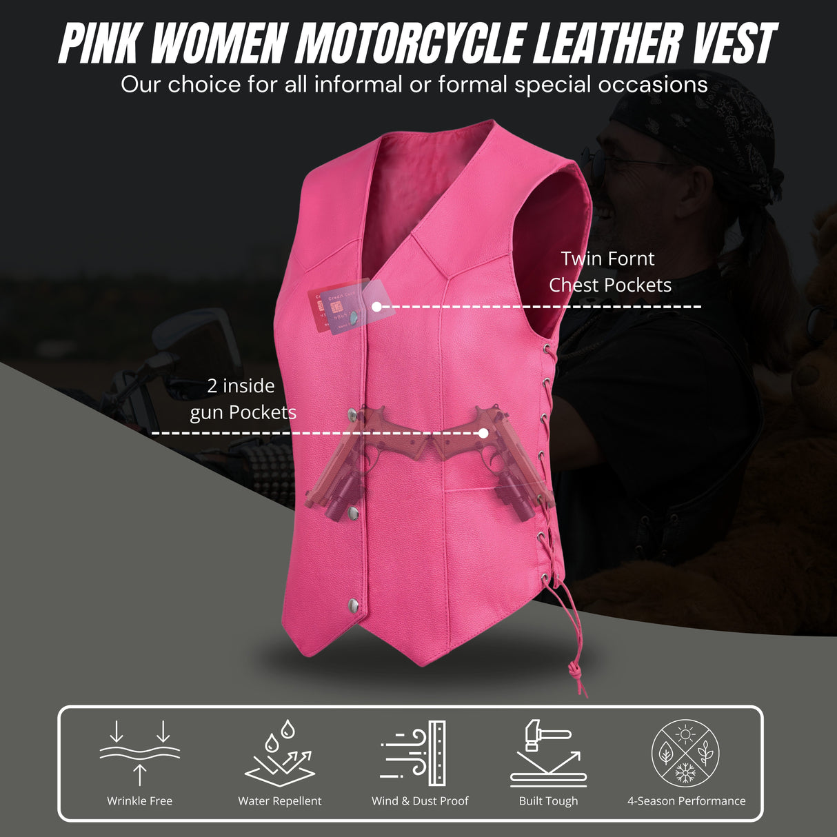 Women's Hot Pink color side laced Gun pockets Leather Vest