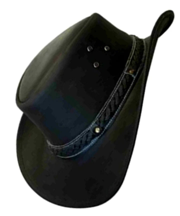Black Genuine Leather Braided Cowboy Hat  Classic Western Style
