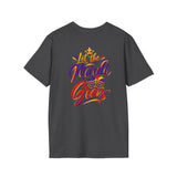 Dark gray T-shirt back print with crown logo and “Let the Mardi Gras” lettering