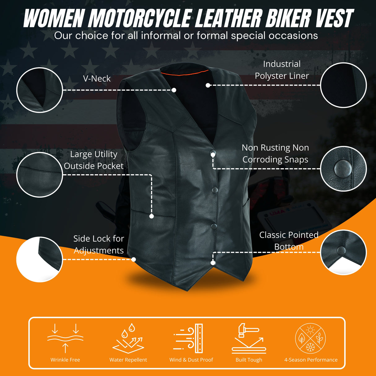 Ladies Women soft leather biker motorcycle vest black concealed carry