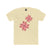 Cream crew-neck tee with two pink/red floral burst graphics on the front.