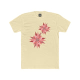 Cream crew-neck tee with two pink/red floral burst graphics on the front.