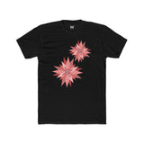 Black crew-neck tee with two pink/red floral burst graphics on the front.