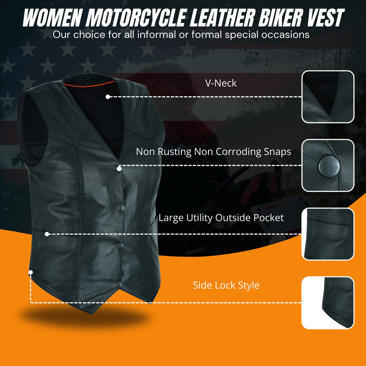 Ladies Women soft leather biker motorcycle vest black concealed carry