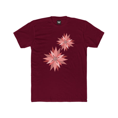 Burgundy crew tee with pink and coral flower graphic on front