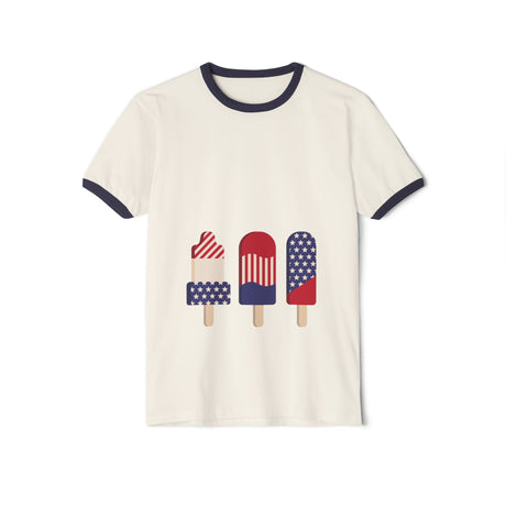 Cream ringer T-shirt with navy trim and patriotic popsicle graphic on the front