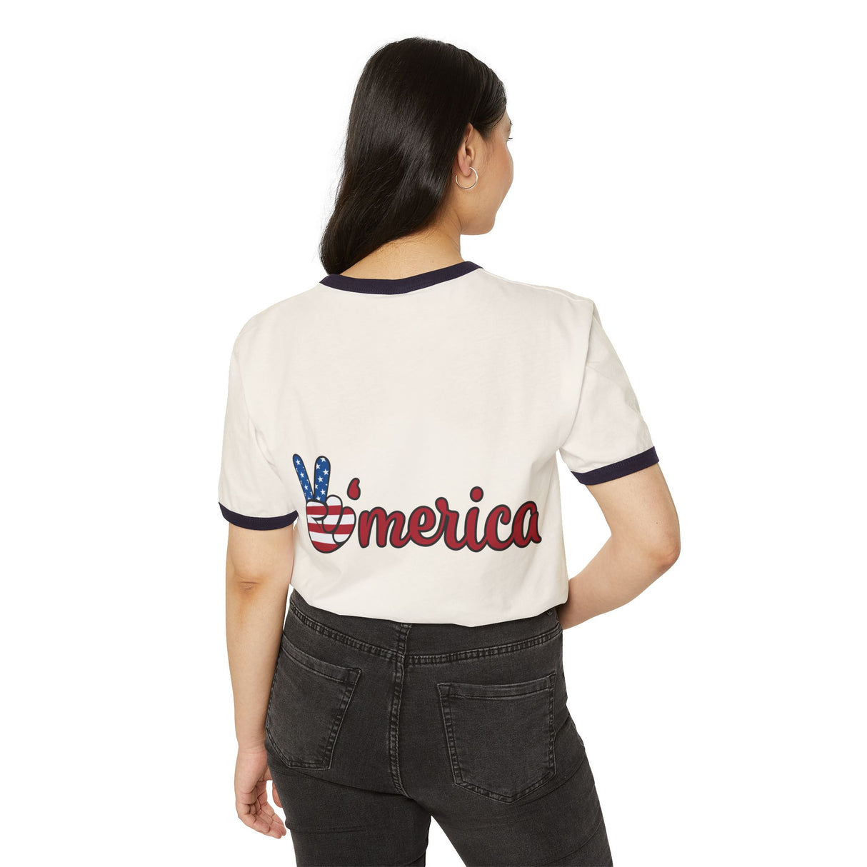 Cream ringer T-shirt with navy trim showing the back “America” graphic
