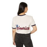 Cream ringer T-shirt with navy trim showing the back “America” graphic