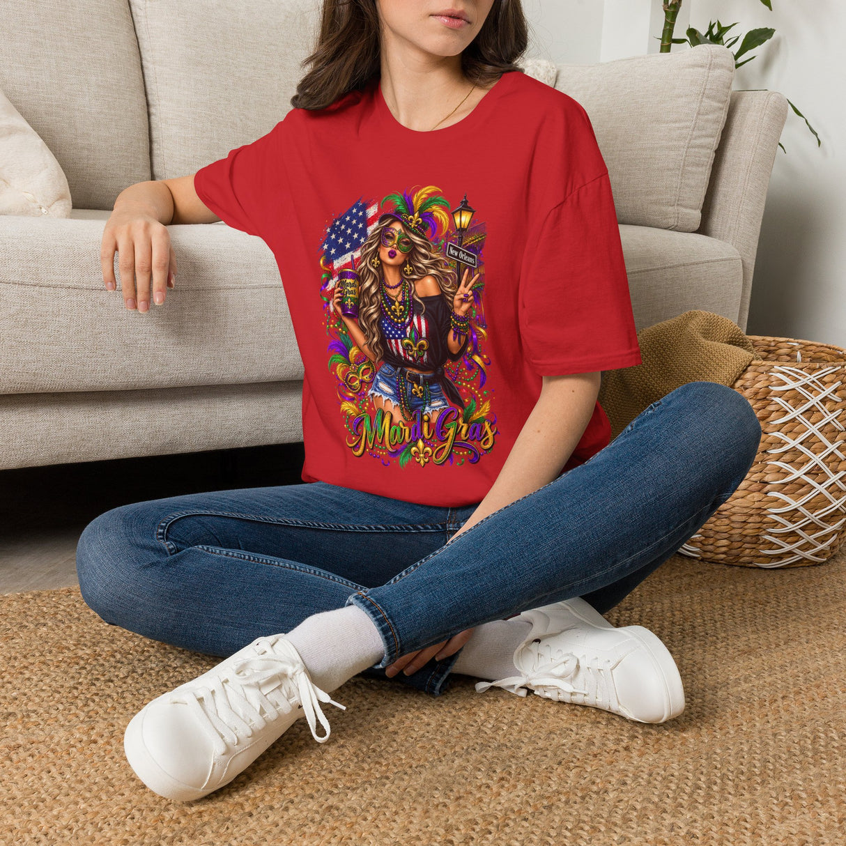 Red T-shirt with Mardi Gras queen holding a flag graphic