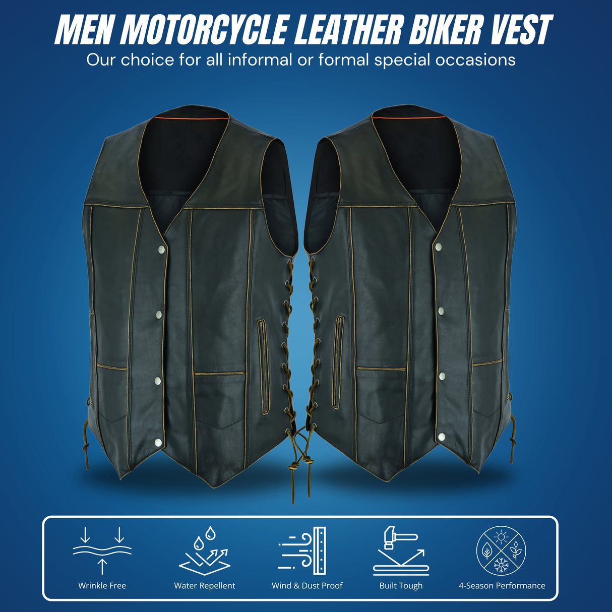 Rub Buff Style Men's Leather Vest 7 Pockets Biker Real Cowhide