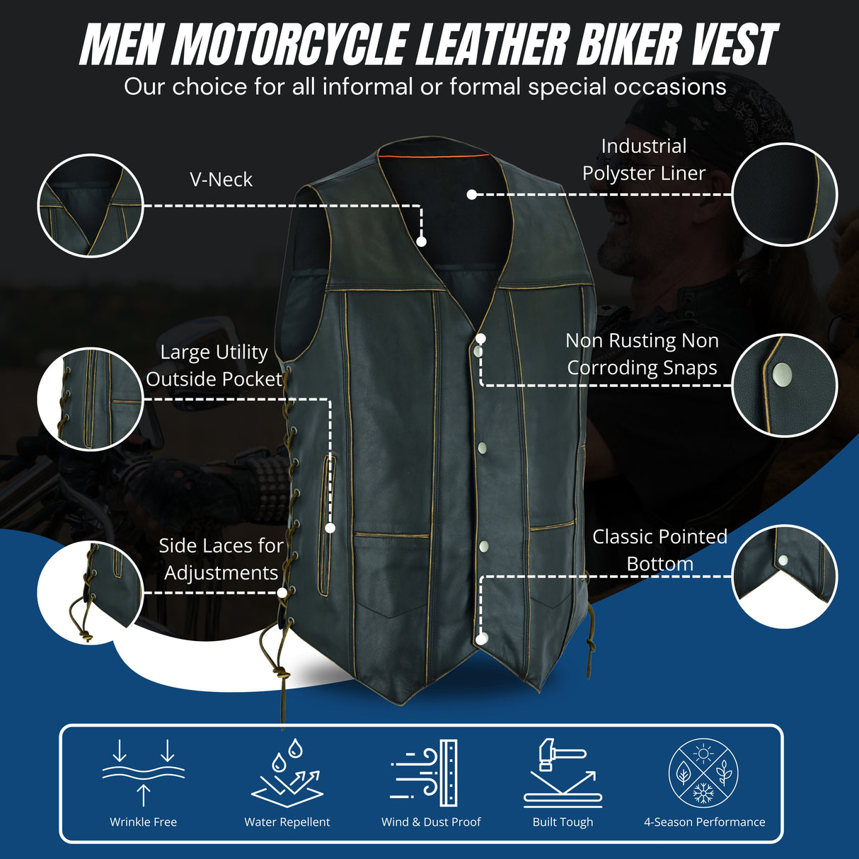 Rub Buff Style Men's Leather Vest 7 Pockets Biker Real Cowhide