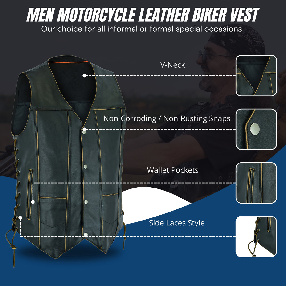 Rub Buff Style Men's Leather Vest 7 Pockets Biker Real Cowhide