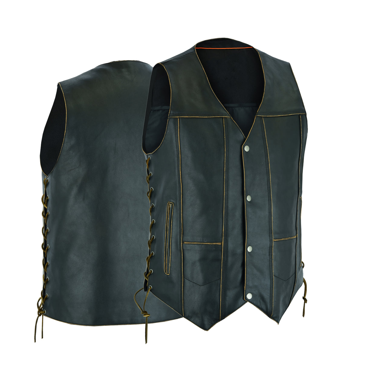 Rub Buff Style Men's Leather Vest 7 Pockets Biker Real Cowhide