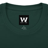 Deep green crew tee neckline close-up with WOLF CLAW logo and size L mark.