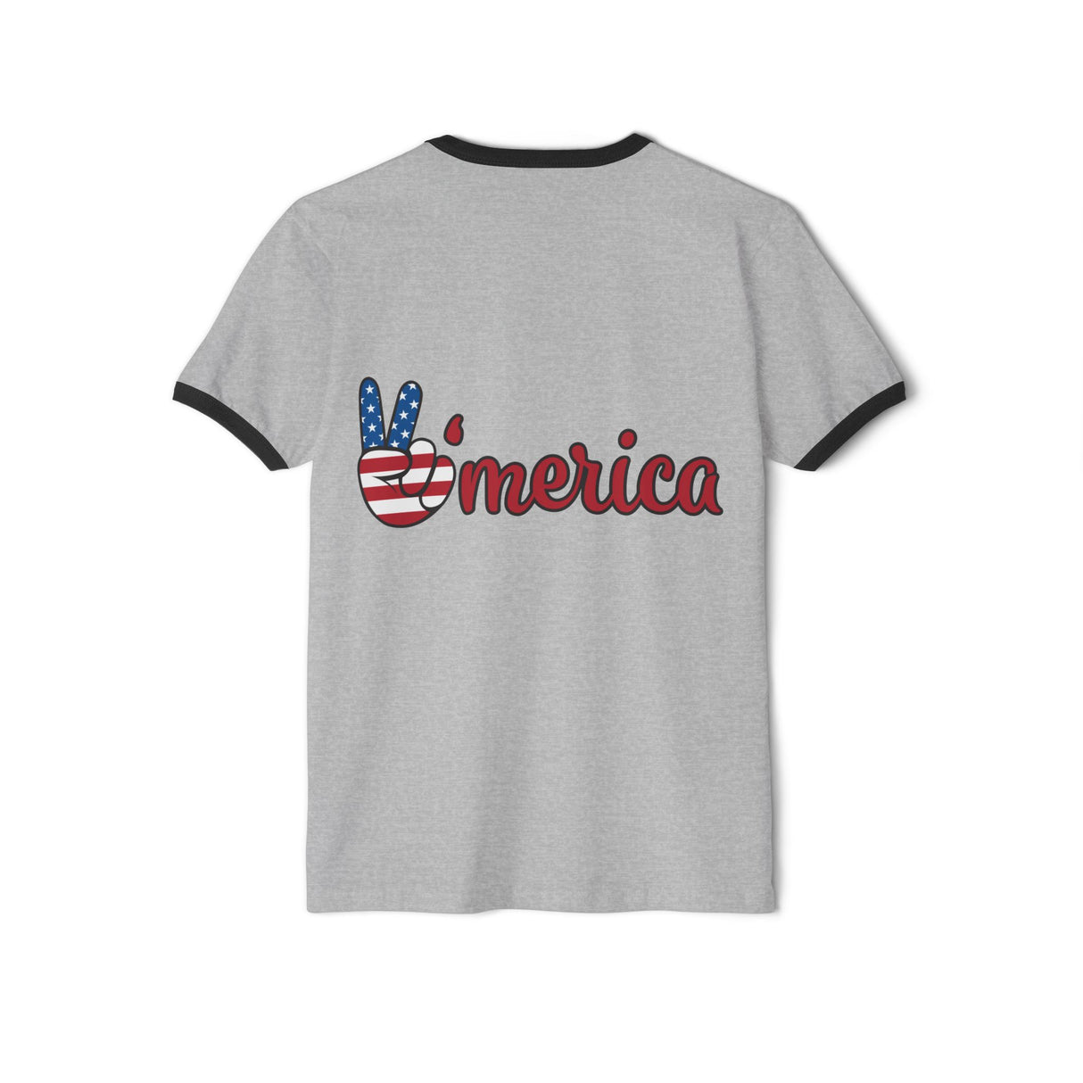 Heather grey ringer T-shirt with dark trim and red-blue “America” graphic on the front
