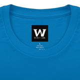 Blue crew neck T-shirt with WOLF CLAW logo at center front