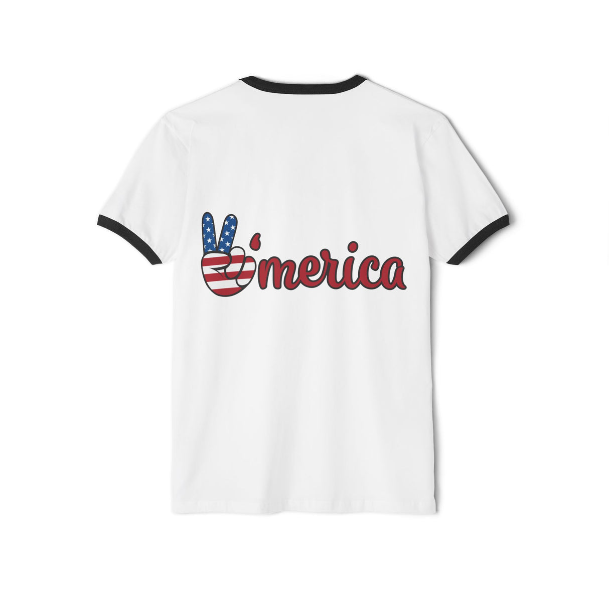 White crew ringer T-shirt with black sleeve trim and 'America' graphic