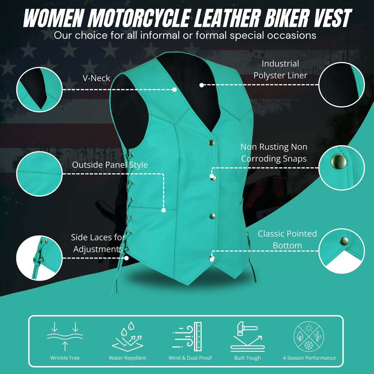 Women's Teal color side laced with Gun pockets Leather Vest