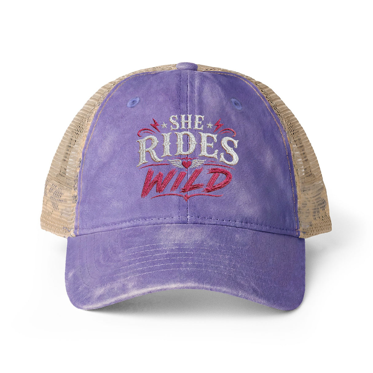 Women's Washed Mesh-Back Cap She Rides Wild Embroidered