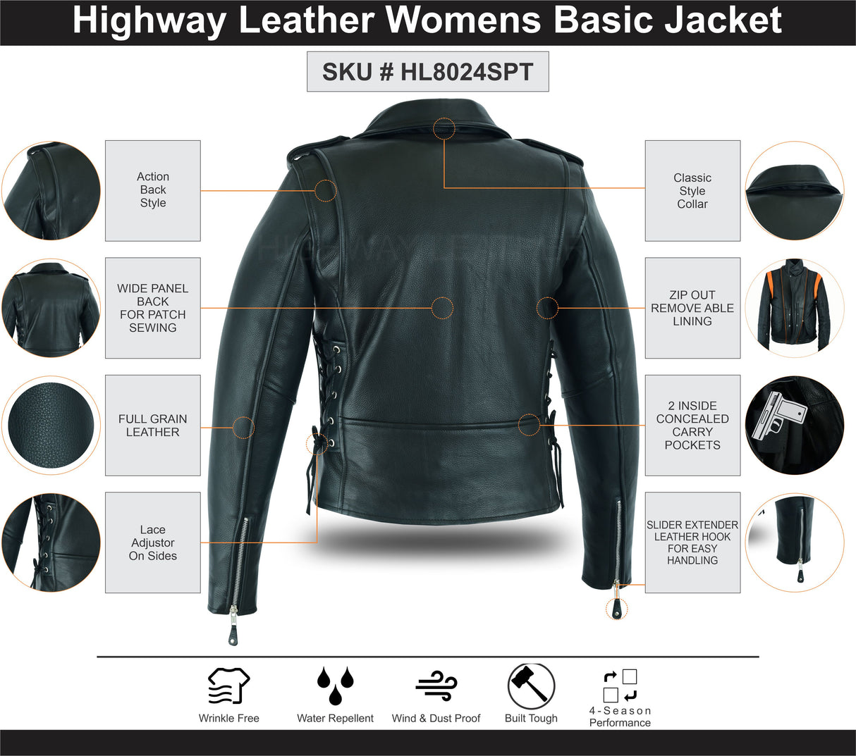 Women's Full Length Motorcycle Side Lace Ammo Pocket Jacket