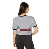 Heather grey ringer T-shirt with dark trim showing the back “America” graphic
