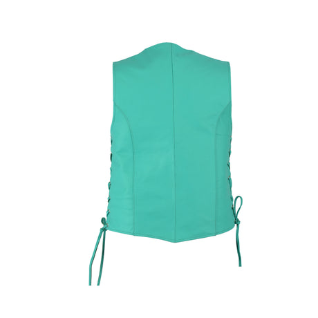 Women's Teal color side laced with Gun pockets Leather Vest - Women Leather Vests - Side & Angle View