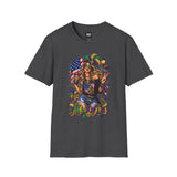 Dark gray Mardi Gras queen graphic T-shirt with American flag and “Mardi Gras” text