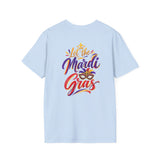 Light blue T-shirt back print with crown logo and “Let the Mardi Gras” lettering