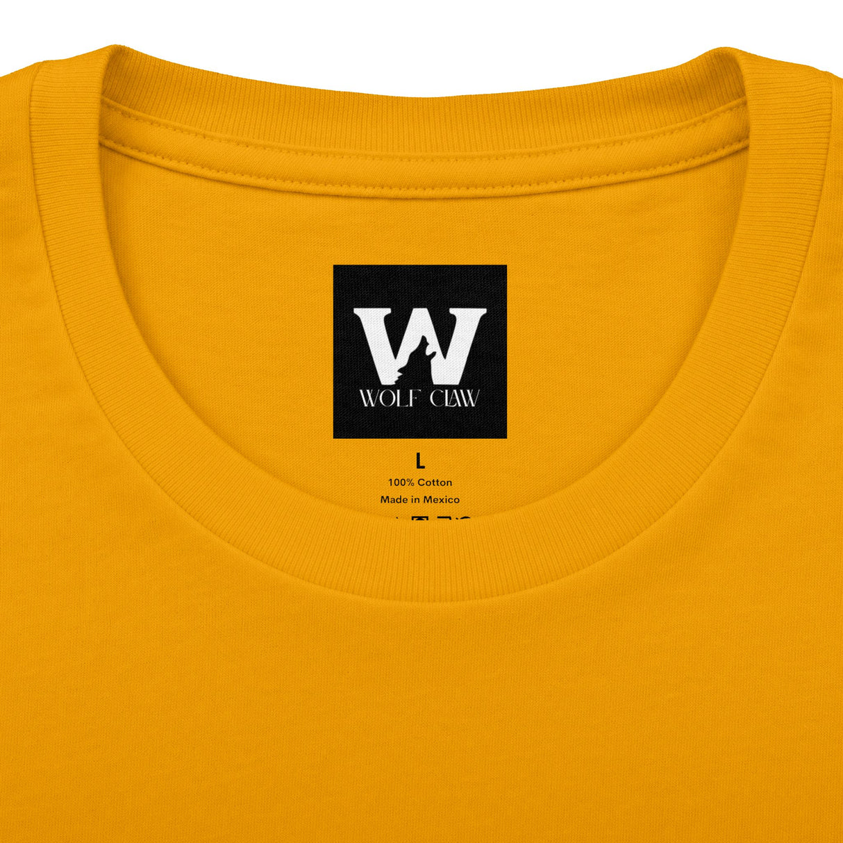 Yellow crew neck T-shirt with Wolf Claw logo patch on chest