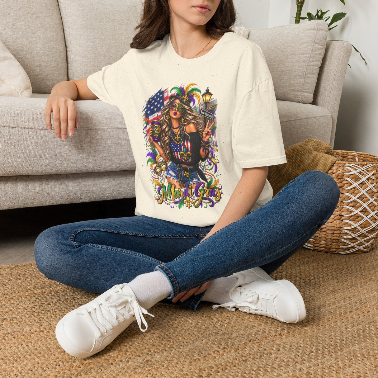 Cream T-shirt with colorful Mardi Gras queen and American flag graphic