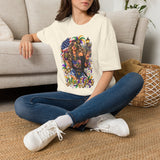 Cream T-shirt with colorful Mardi Gras queen and American flag graphic