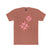 Terracotta crew-neck tee with two pink/red floral burst graphics on the front.