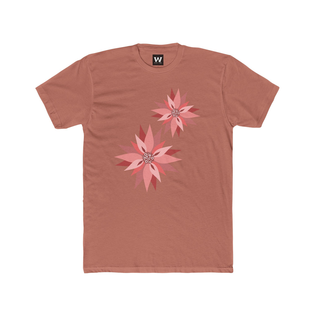 Terracotta crew-neck tee with two pink/red floral burst graphics on the front.