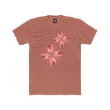 Terracotta crew-neck tee with two pink/red floral burst graphics on the front.